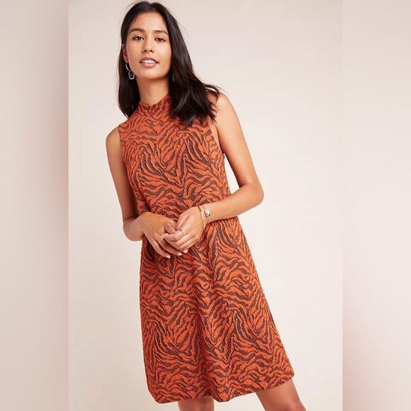 Anthropologie Dresses & Skirts - Anthropologie Brigitte Jacquard Orange Tiger Print Mock Neck Shift Dress Size XS